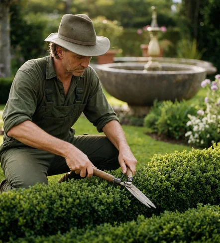 Gardener trimming a box hedge in front of a fountain