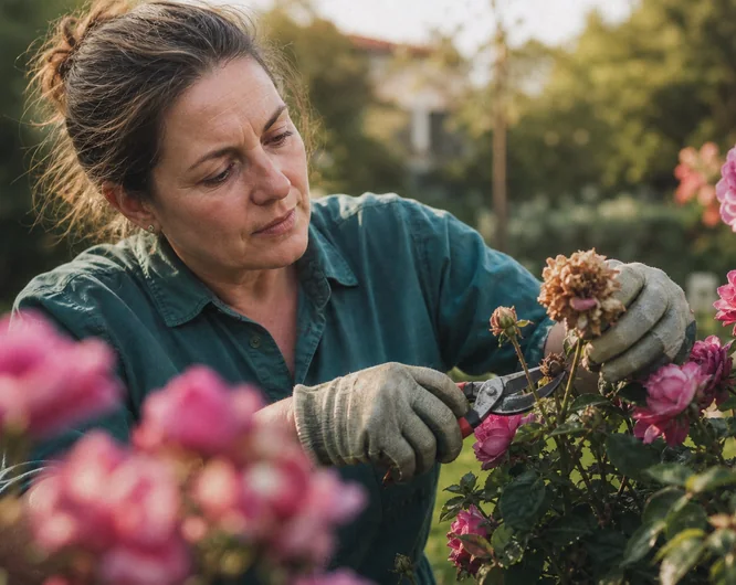 Gardener pruning a bed of pink flowers
