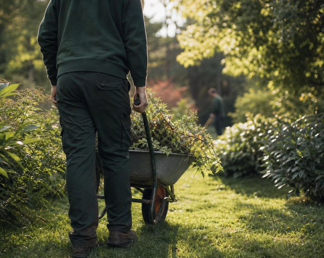 Gardener pushing a wheelbarrow through a garden