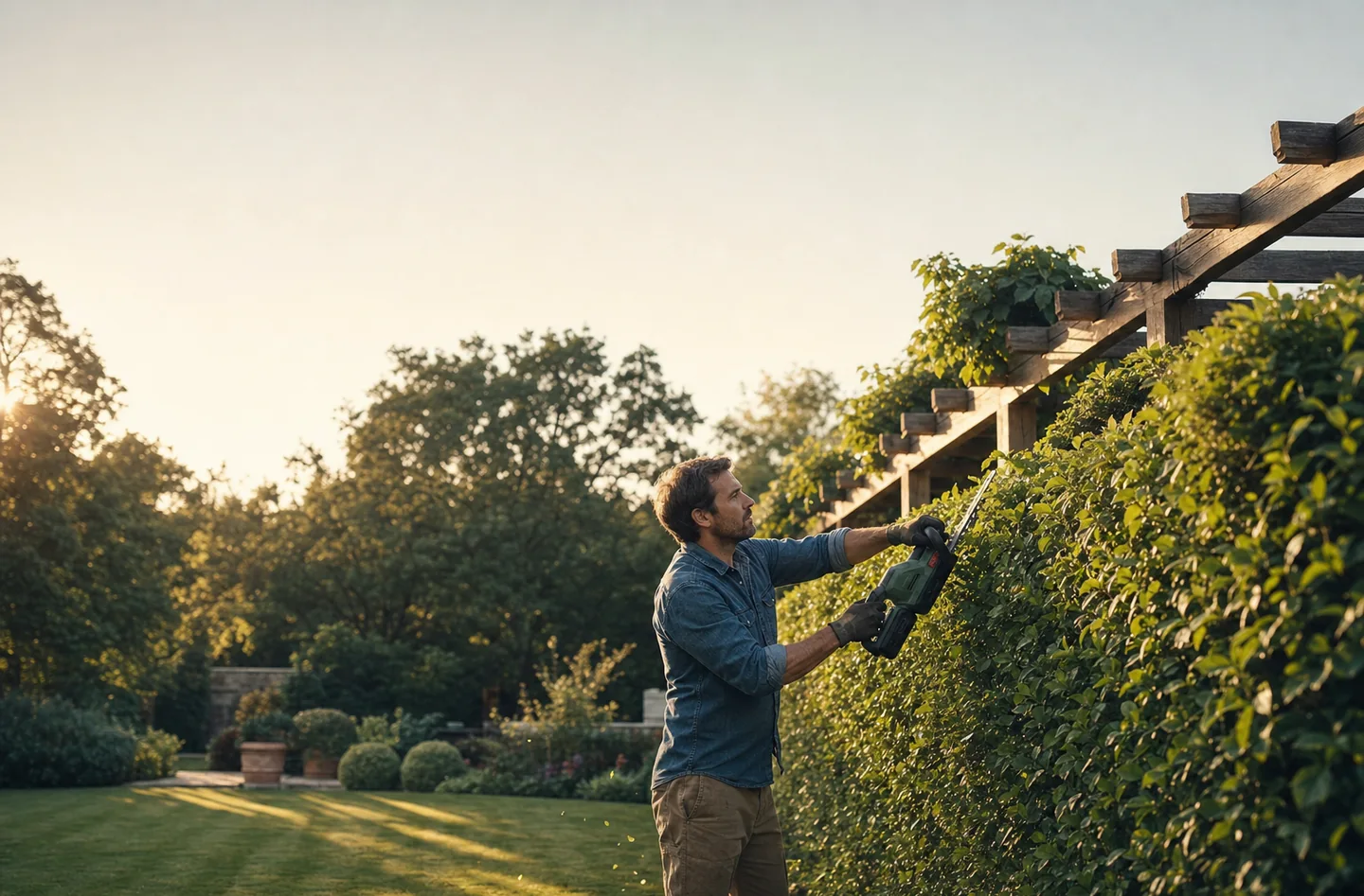 Gardener trimming a hedge with a power trimmer