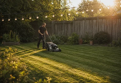 Late-afternoon mowing under string lights