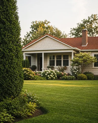 House surrounded by a perfectly mown lawn