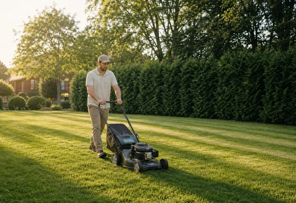 Mowing a lawn beside a conifer hedge
