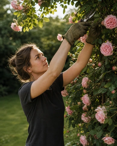 Pruning a climbing rose in bloom