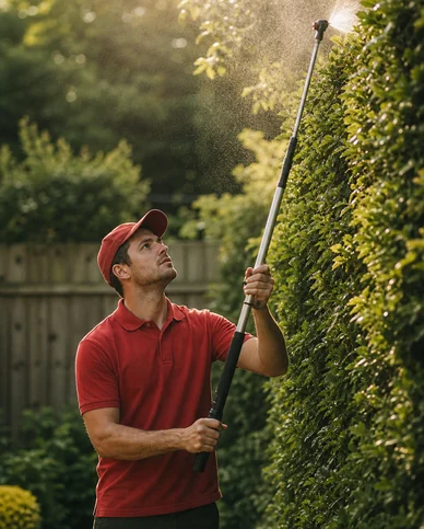 Treating a hedge with a telescopic sprayer