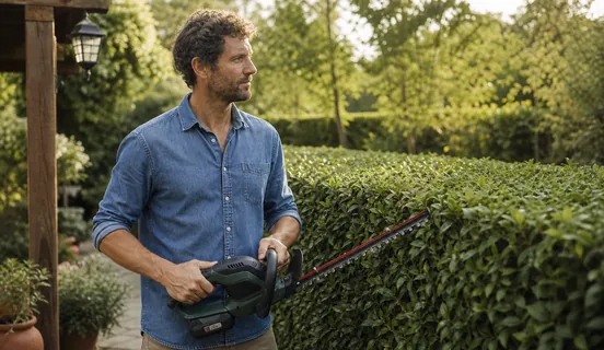 Gardener trimming a hedge under a pergola