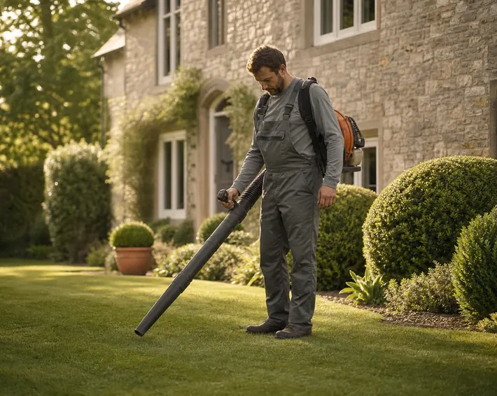 Gardener using a leaf blower in front of a house