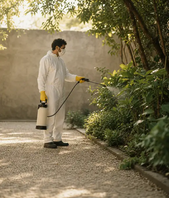 Technician applying a treatment to planting beds