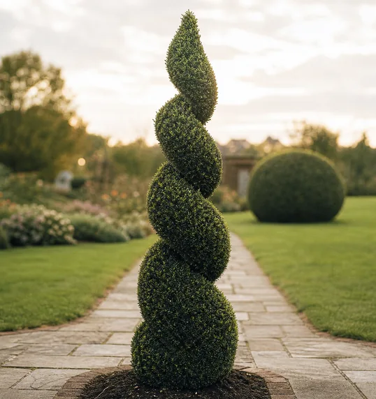 Spiral-clipped conifer beside a path