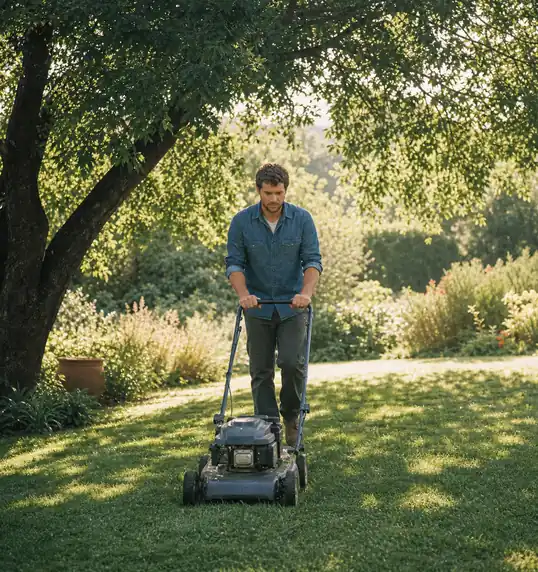 Gardener mowing under a tree