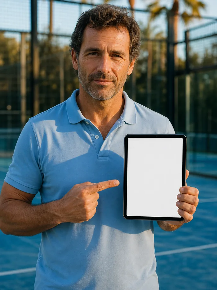 Luca Marchetti, tactical coach, explaining a drill on a tablet.