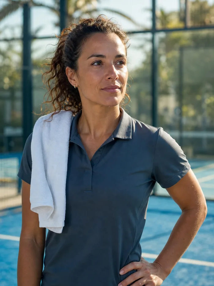 Nora Lindqvist, pro coach, a towel over one shoulder.