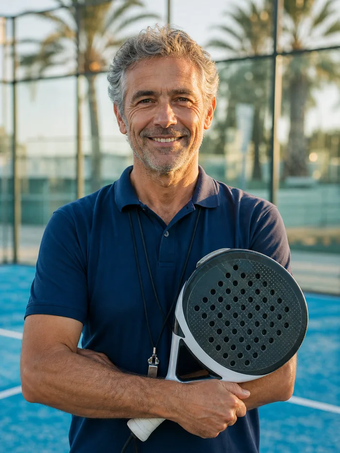 Rafa Otero, head coach, holding a racket on court.