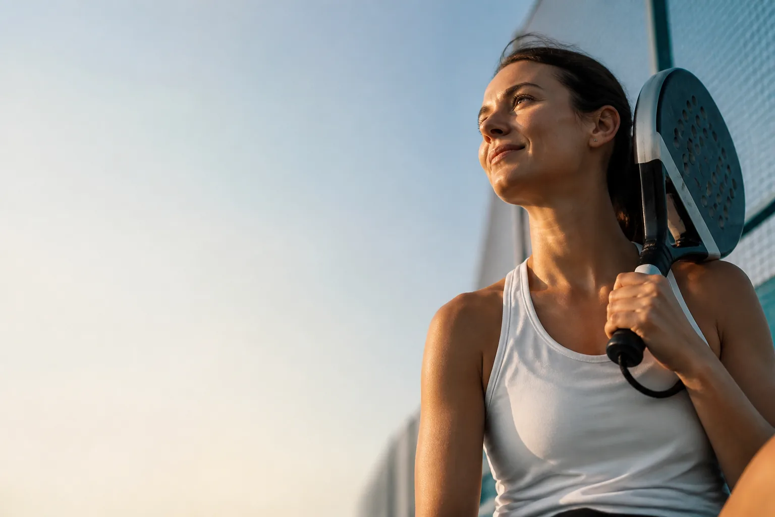 A padel player pausing on court at golden hour, racket resting on her shoulder.