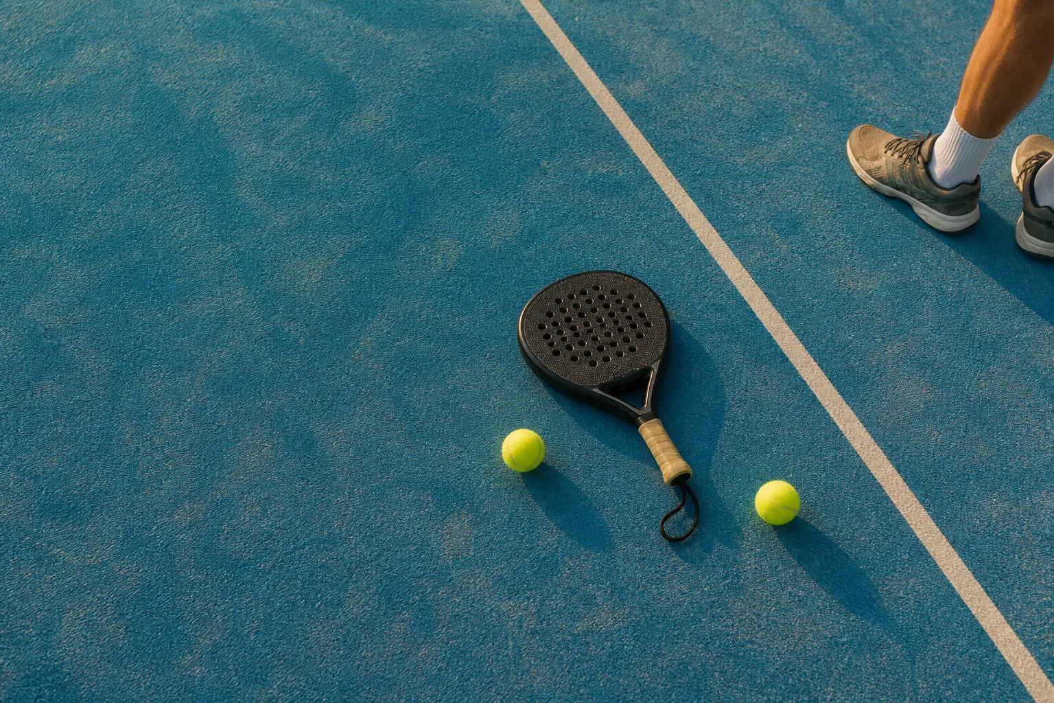 Overhead view of a blue padel court with a racket and two balls beside the service line.