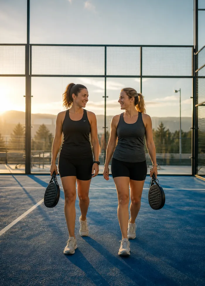 Two players walking across the court together, rackets in hand, mid-conversation.