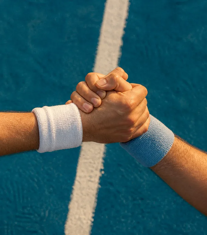 Two players shaking hands across the service line at the end of a match.
